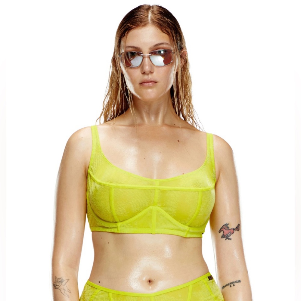 DIESEL X SAVAGE X FENTY  Neon Yellow Suspender Bustier Bra in Foiled Fishnet